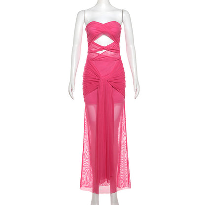Spring Women Clothing Sexy Tube Top off Neck See through Tied Slim Fit Dress for Women