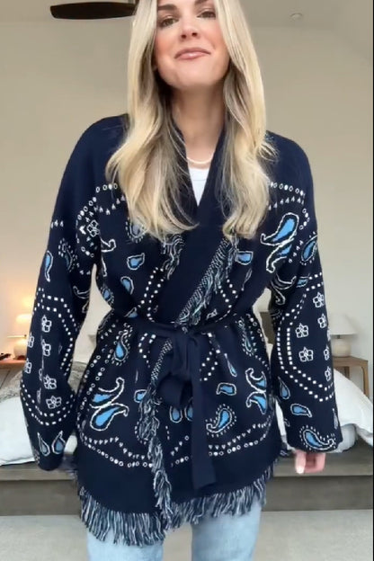 Tassel Embroidered Lace-Up Knit Shawl Cardigan