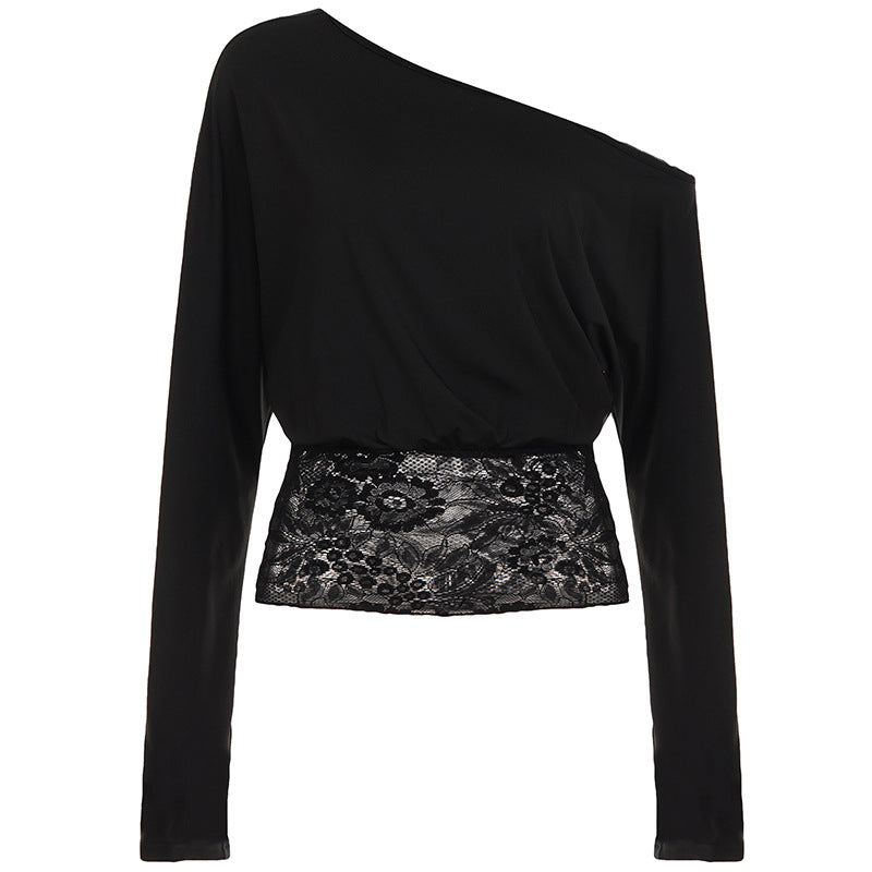 Women Design Slant Shoulder Sexy Top Sexy Cutout Lace Stitching See through Waist-Exposure T shirt