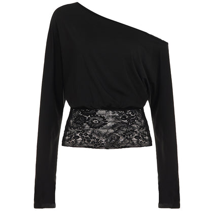Women Design Slant Shoulder Sexy Top Sexy Cutout Lace Stitching See through Waist-Exposure T shirt