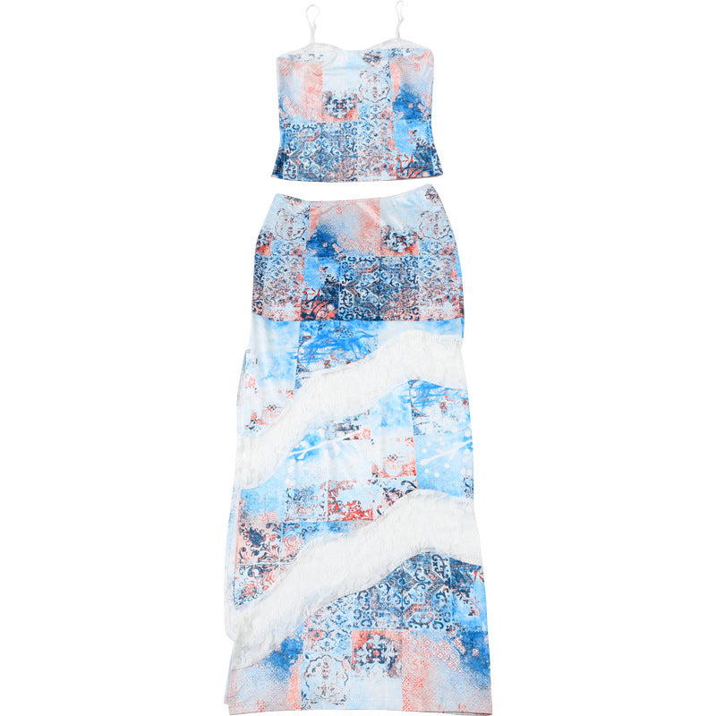Women Clothing Spring Summer Personalized Printed Lace Splicing Sling Vest Sexy Slit Mid Length Skirt Two Piece Sets