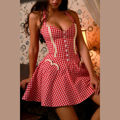 Summer Women Clothing Sexy Halter Contrast Color Slim Fit Slimming Lace up Plaid Dress