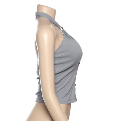 Spring Summer Women Clothing Personalized Button Design Sexy Backless Halter Hollow Out Cutout Slim Vest Women