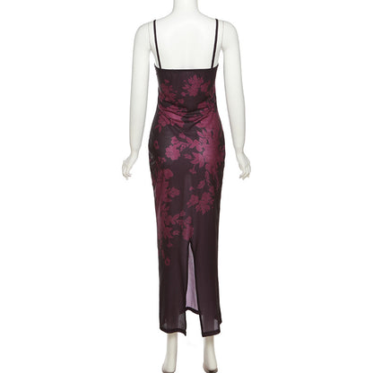 Spring Summer Women Sexy Strap Lace Slim Sheath Print Retro Dress