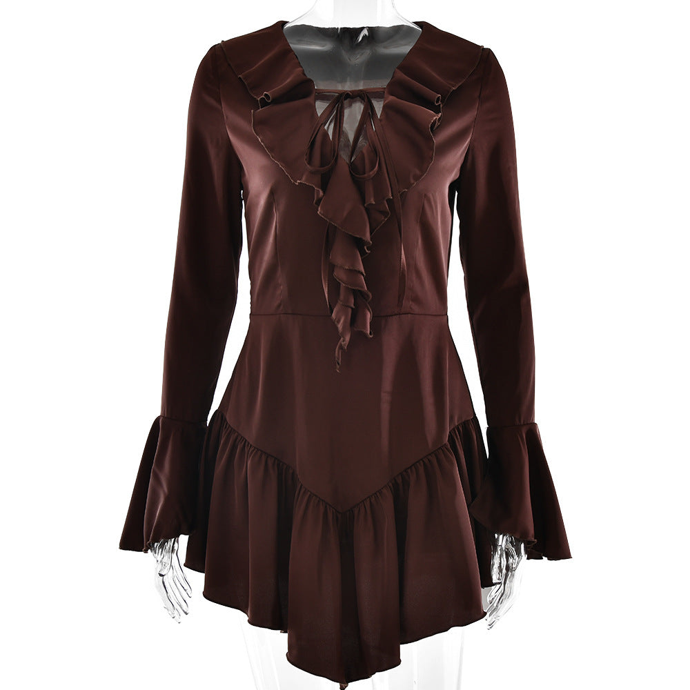 Patchwork Ruffled Slim Fit Sexy V neck Bandage Women Clothing Dress
