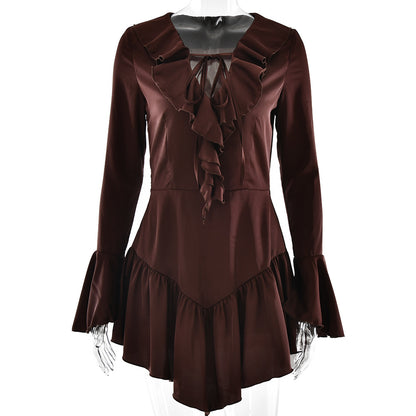Patchwork Ruffled Slim Fit Sexy V neck Bandage Women Clothing Dress