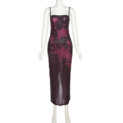 Spring Summer Women Sexy Strap Lace Slim Sheath Print Retro Dress