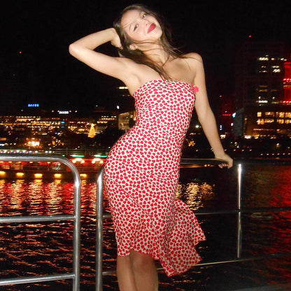 French Heart Print Strapless Dress