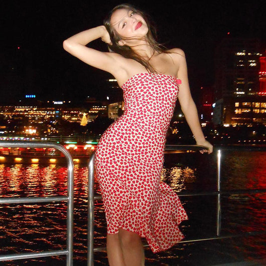 French Heart Print Strapless Dress