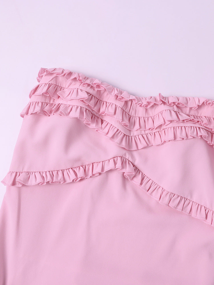 Chiffon Tube Top Dress Sexy Backless Wooden Ear Smocking Stitching Hip Dress