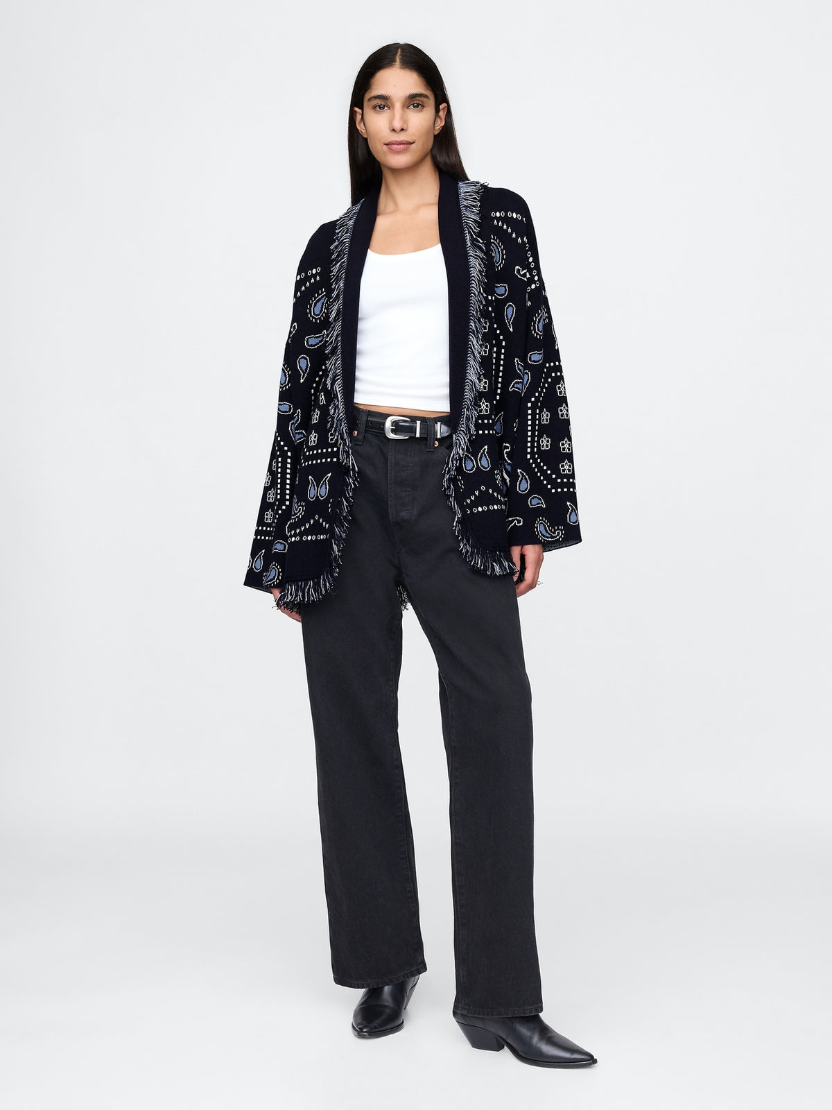 Tassel Embroidered Lace-Up Knit Shawl Cardigan