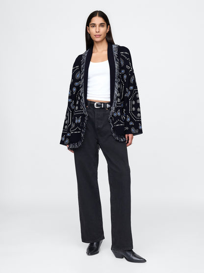 Tassel Embroidered Lace-Up Knit Shawl Cardigan