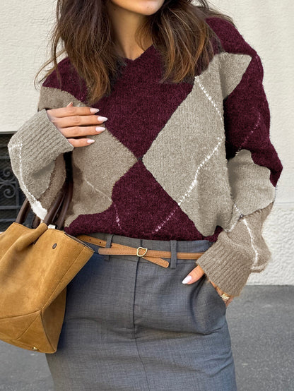 Casual Holiday Color Matching Long Sleeve Woolen Sweaters Women Clothing Autumn Winter