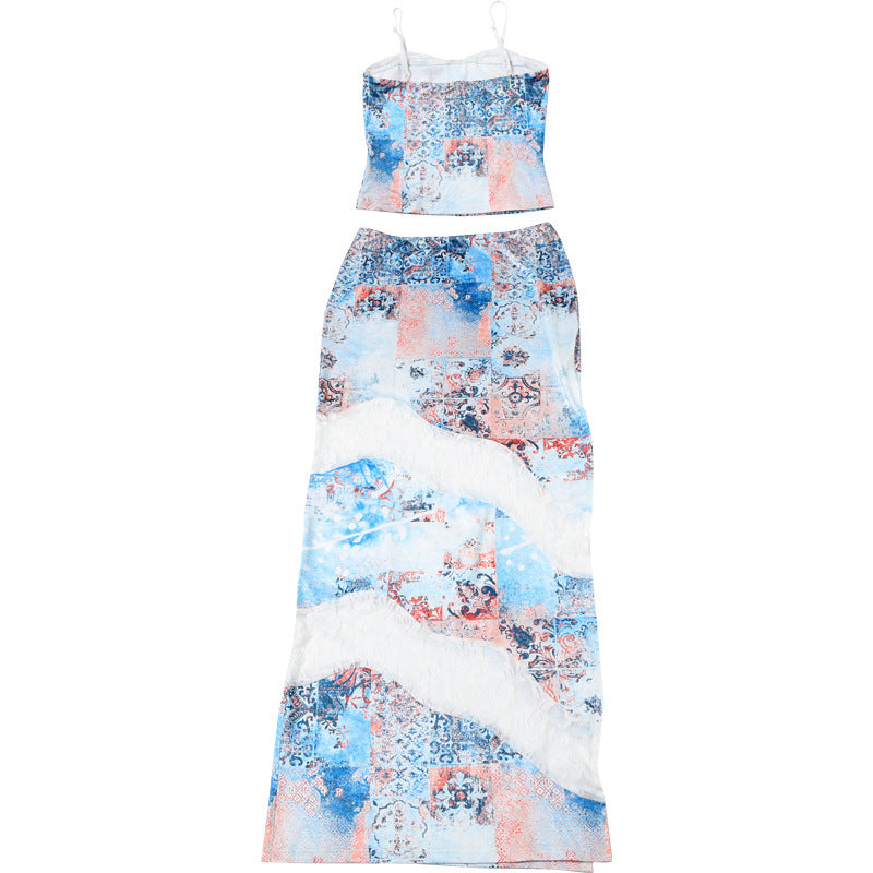 Women Clothing Spring Summer Personalized Printed Lace Splicing Sling Vest Sexy Slit Mid Length Skirt Two Piece Sets