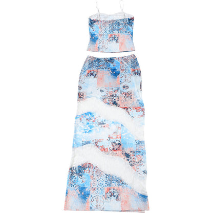 Women Clothing Spring Summer Personalized Printed Lace Splicing Sling Vest Sexy Slit Mid Length Skirt Two Piece Sets
