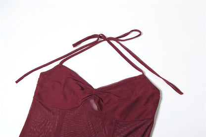 Women Clothing Spring Summer Sexy Mesh Solid Color See through Slim Halter Lace up Dress