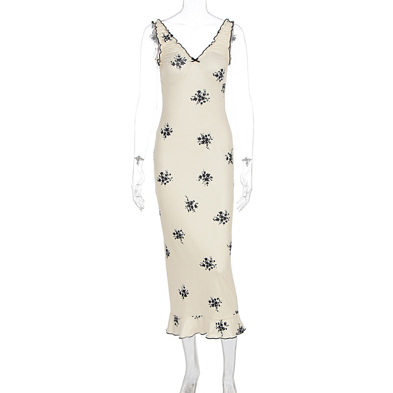 Summer French Sexy Bow V neck Strap Women Slim Hip Dress