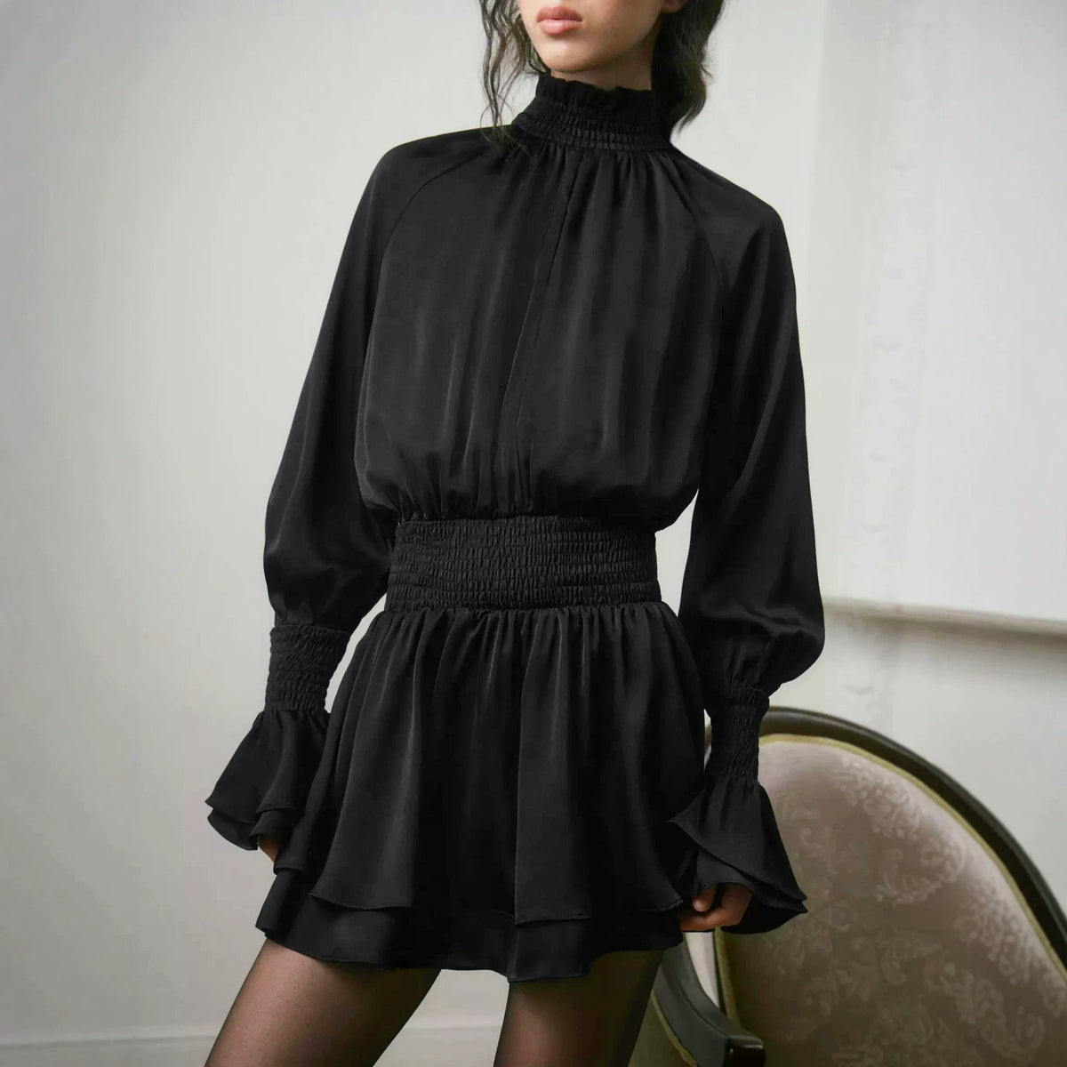 French Satin High-Neck A-Line Dress