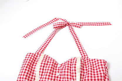 Summer Women Clothing Sexy Halter Contrast Color Slim Fit Slimming Lace up Plaid Dress