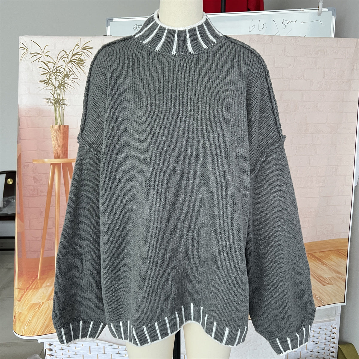 Oversized Turtleneck Contrast Trim Sweater