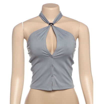 Spring Summer Women Clothing Personalized Button Design Sexy Backless Halter Hollow Out Cutout Slim Vest Women