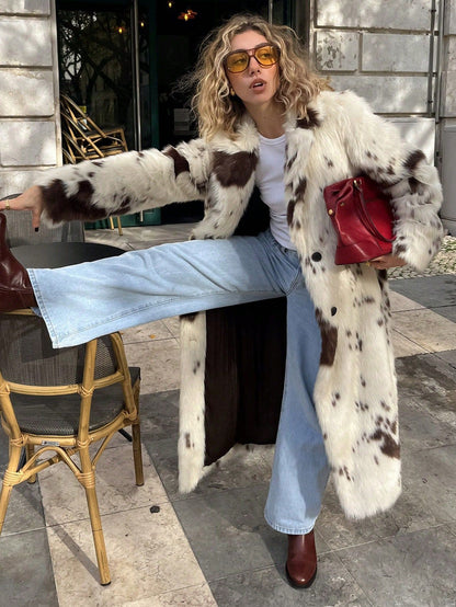 Contrast Color Animal Pattern Faux Fur Coat Women Autumn Winter High Sense Fox Fur Extended Plush Coat