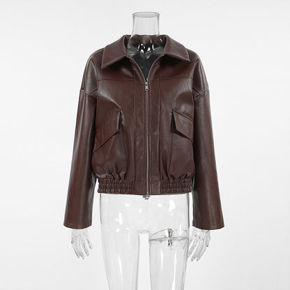 Women Clothing Spring Autumn Coat Bomber Jacket Retro Old Money Leather Jacket