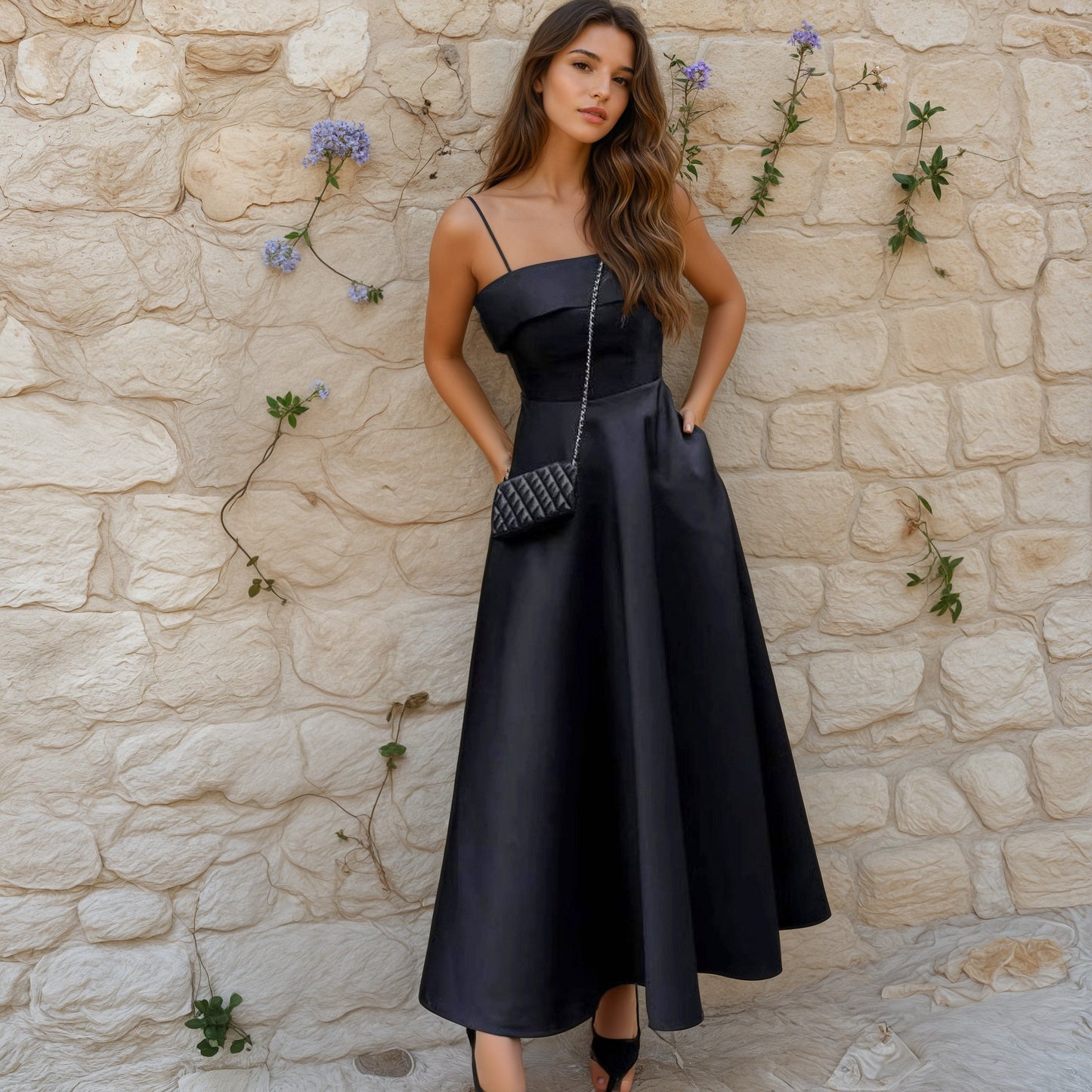 French Satin Strap Evening Dress