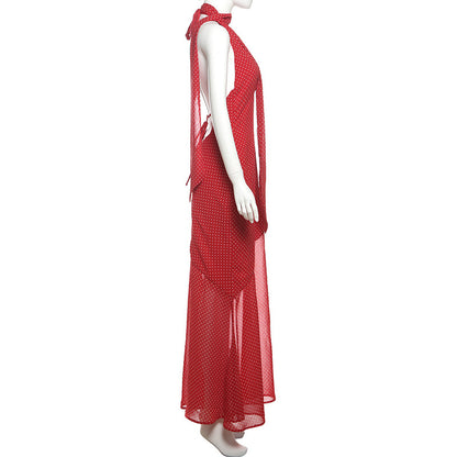 Spring Summer Women Clothing Sexy Polka Dot Halter Lace up Backless Slim Fit Scarf Collar Dress