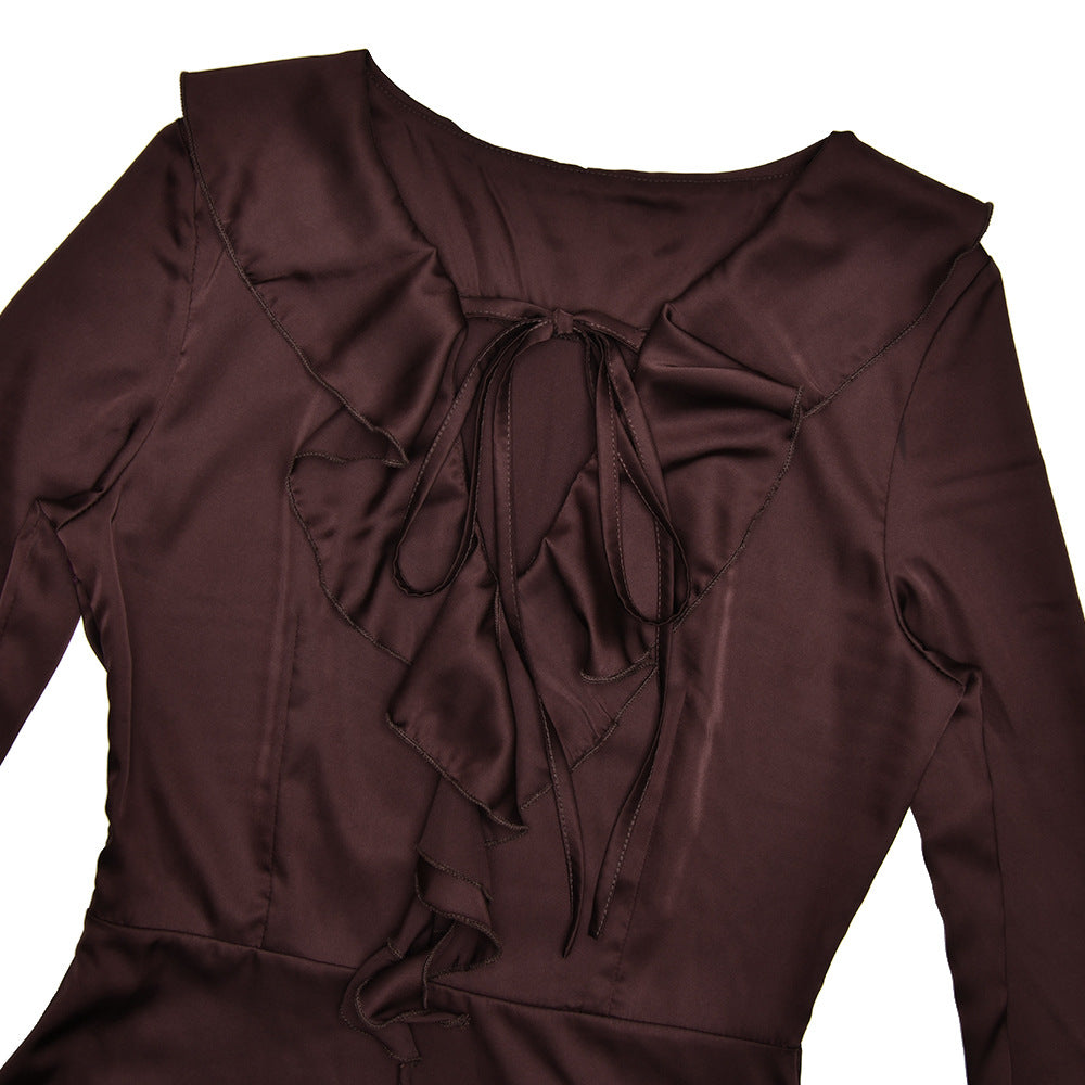 Patchwork Ruffled Slim Fit Sexy V neck Bandage Women Clothing Dress