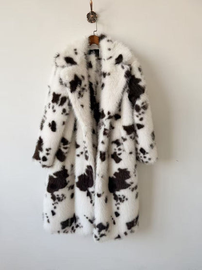 Contrast Color Animal Pattern Faux Fur Coat Women Autumn Winter High Sense Fox Fur Extended Plush Coat