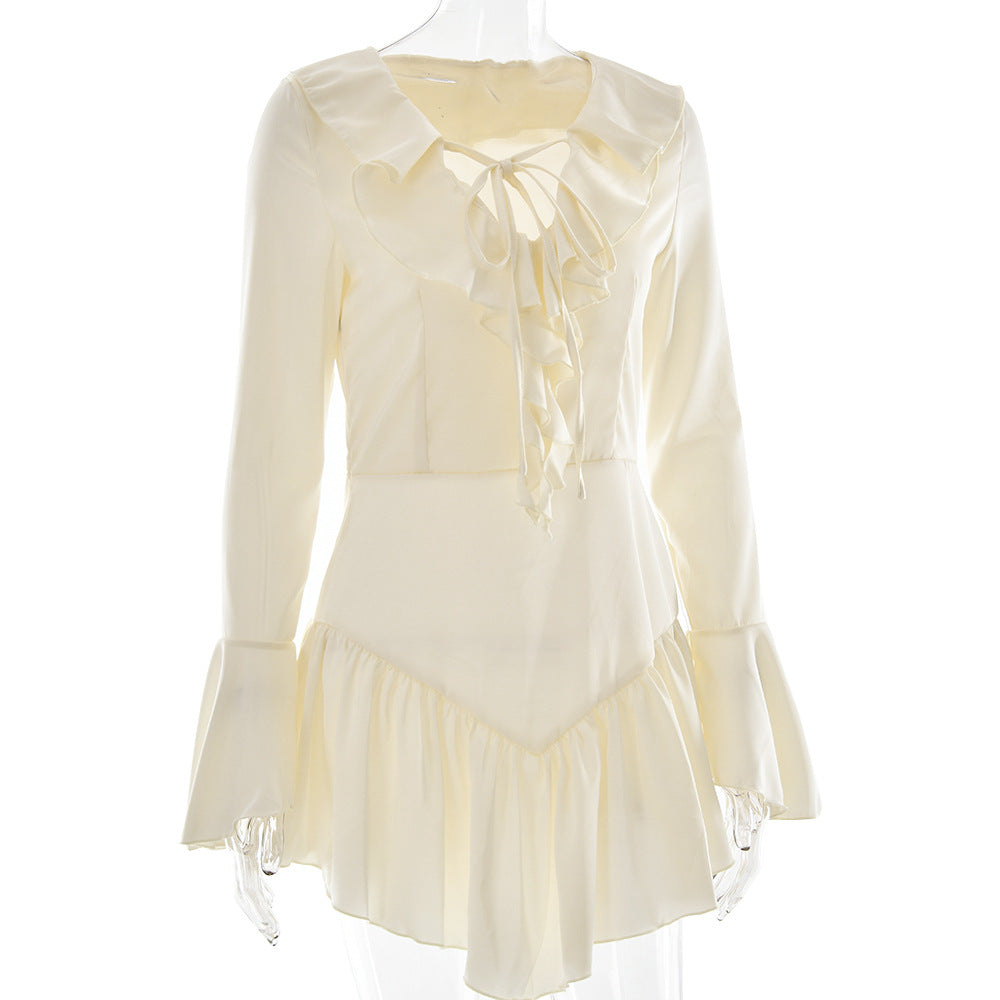 Patchwork Ruffled Slim Fit Sexy V neck Bandage Women Clothing Dress