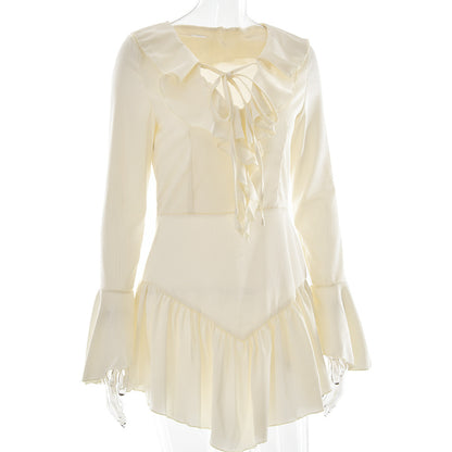 Patchwork Ruffled Slim Fit Sexy V neck Bandage Women Clothing Dress