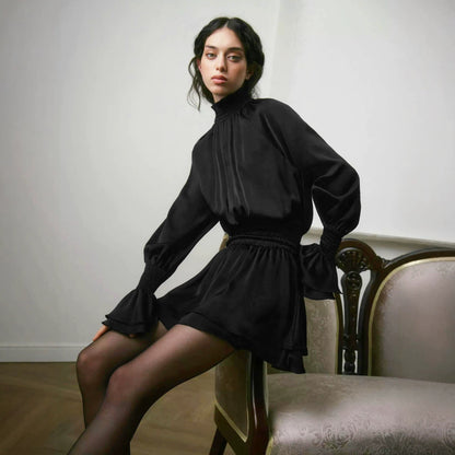 French Satin High-Neck A-Line Dress