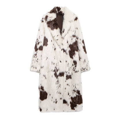 Contrast Color Animal Pattern Faux Fur Coat Women Autumn Winter High Sense Fox Fur Extended Plush Coat