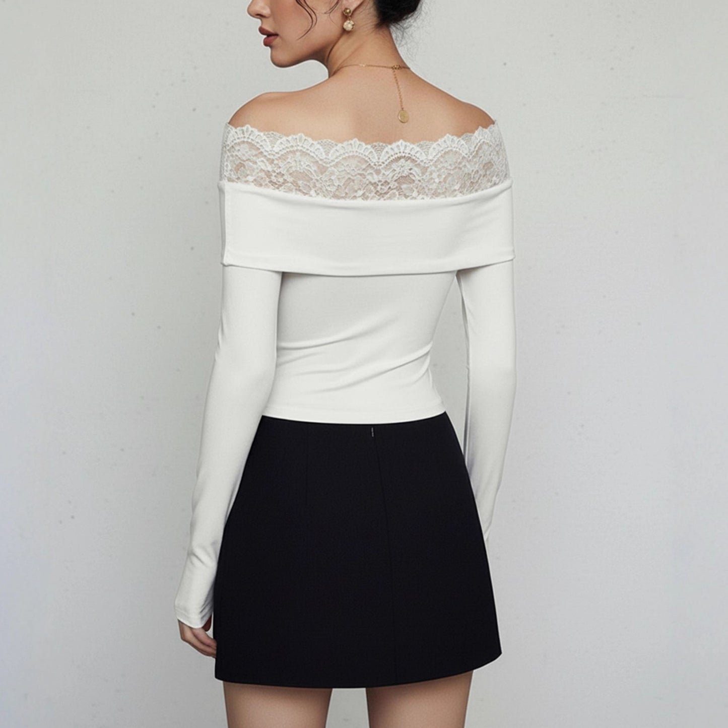 Elegant Lace Slim Top Patchwork Cold Shoulder White Long Sleeve Twist Knot Jumpsuit