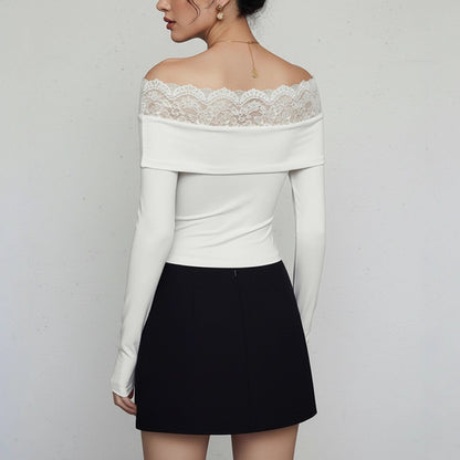 Elegant Lace Slim Top Patchwork Cold Shoulder White Long Sleeve Twist Knot Jumpsuit