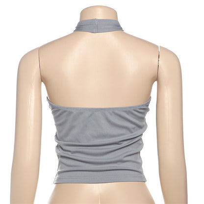 Spring Summer Women Clothing Personalized Button Design Sexy Backless Halter Hollow Out Cutout Slim Vest Women