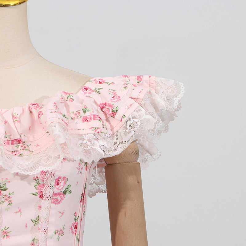 French Sexy Summer off Shoulder Lace Edge Waist Controlled Slim Fit Slimming High Grade Design Dress