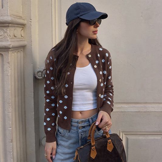 Women Clothing Autumn Long Sleeve Polka Dot Sweater Cardigan