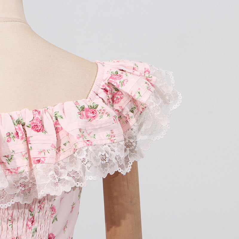 French Sexy Summer off Shoulder Lace Edge Waist Controlled Slim Fit Slimming High Grade Design Dress