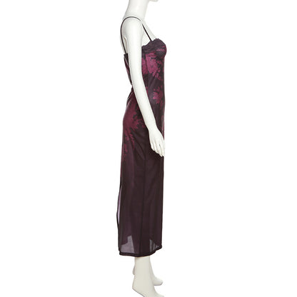 Spring Summer Women Sexy Strap Lace Slim Sheath Print Retro Dress