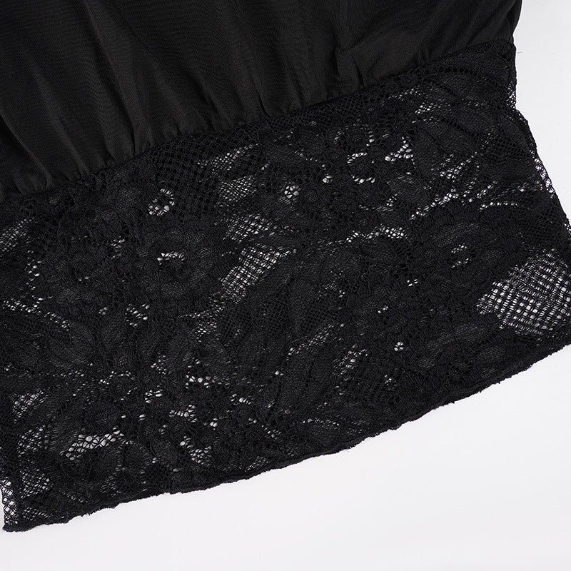 Women Design Slant Shoulder Sexy Top Sexy Cutout Lace Stitching See through Waist-Exposure T shirt