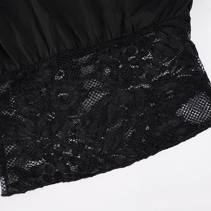 Women Design Slant Shoulder Sexy Top Sexy Cutout Lace Stitching See through Waist-Exposure T shirt