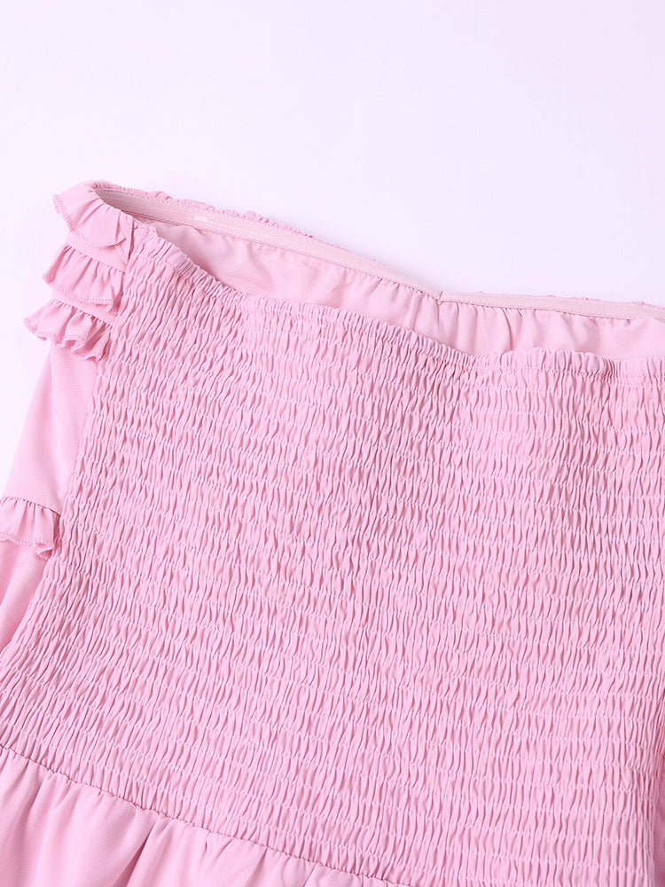 Chiffon Tube Top Dress Sexy Backless Wooden Ear Smocking Stitching Hip Dress