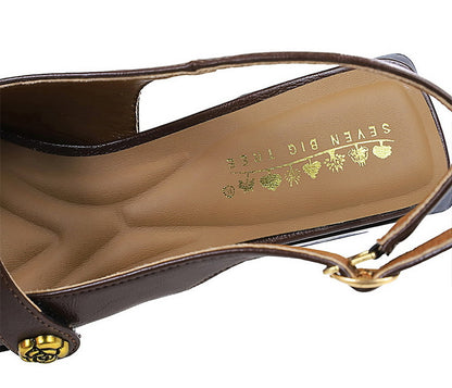 Retro Brown Camellia Pumps Word with Chunky Heel Low Heel Back Empty Back Strap Women Shoes