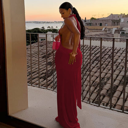 Open Back Pleated Halter Dress