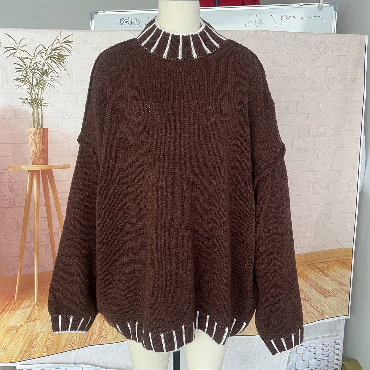 Oversized Turtleneck Contrast Trim Sweater