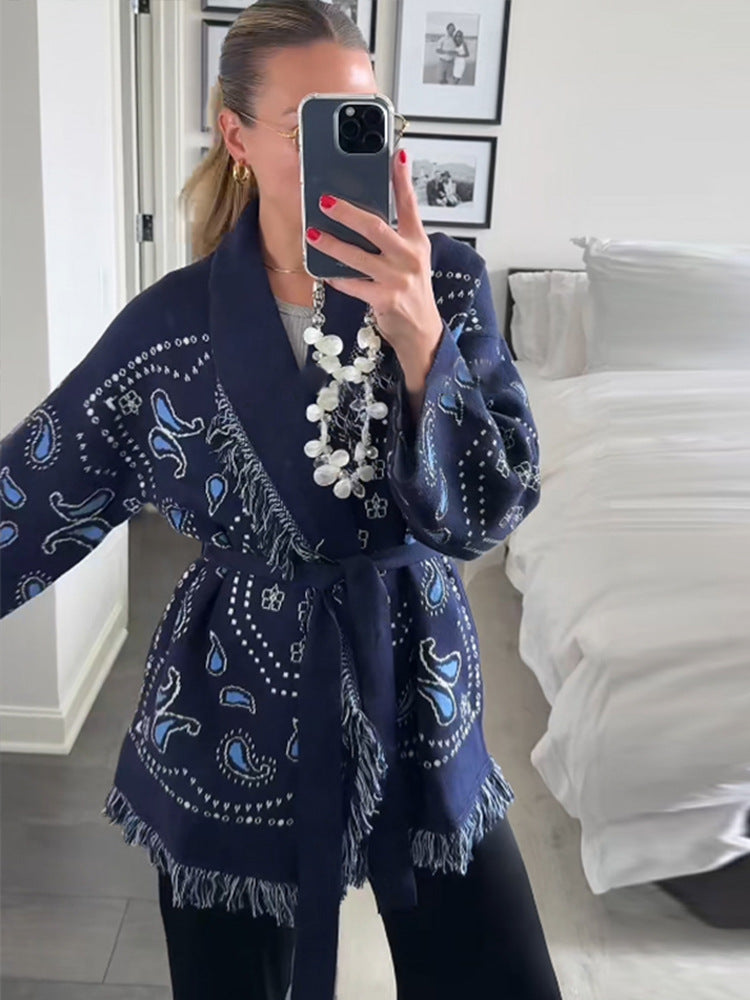 Tassel Embroidered Lace-Up Knit Shawl Cardigan