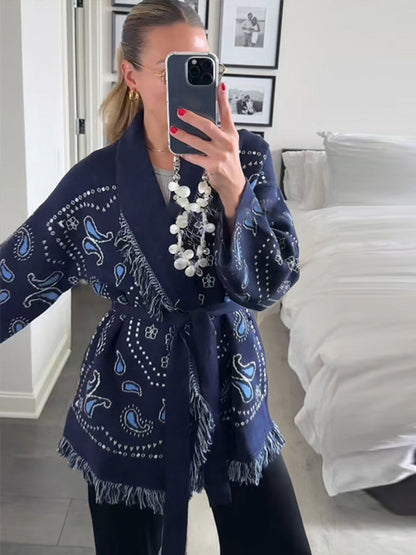 Tassel Embroidered Lace-Up Knit Shawl Cardigan
